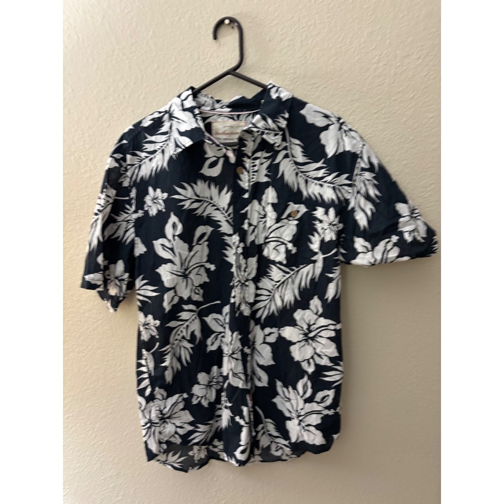 Weatherproof Vintage Mens Large Black White Trop Hibiscus Floral Shirt L A1101